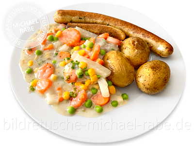 Food Retusche: Kohlrabigemüse mit Bratwurst lecker retuschieren.