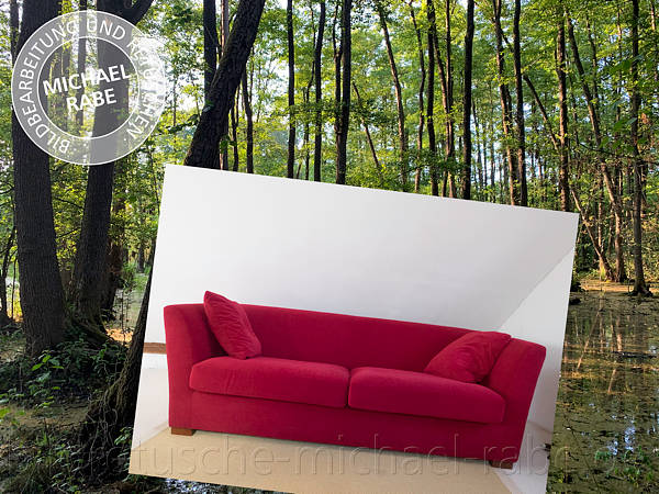 Vor der Fotomontage: Ein rotes Sofa im Sumpf